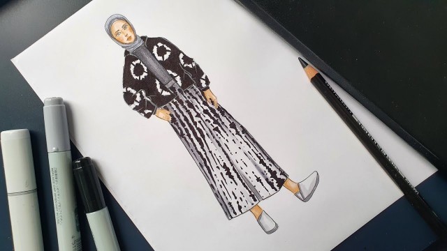 'How to Draw TIE DYE on Hijab Casual Style | Drawing Tutorial | Menggambar Desain Baju Gamis'