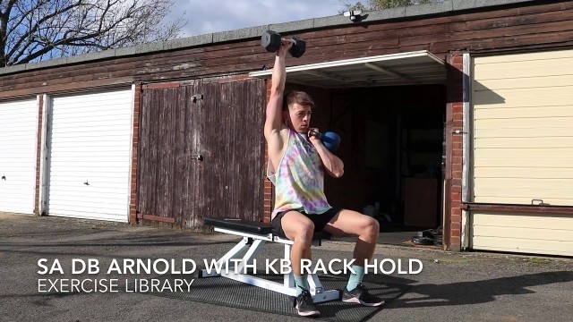 'Single Arm Dumbbell Arnold Press with Kettlebell Rack Hold  - UNCLE MUSCLE Exercise Library'