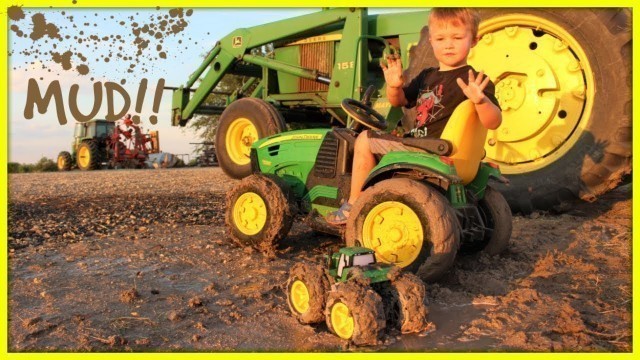 'Tractors stuck in the mud | Playing with real and toy tractors on the farm for kids'